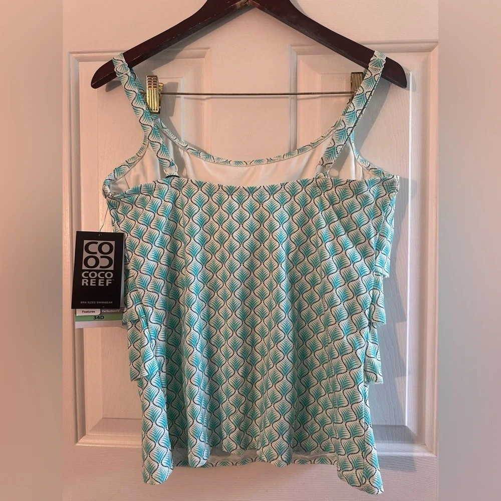 NWT COCO REEF 34D Siren Aura Ruffle Underwire Tankini Top Blue Green Geometric